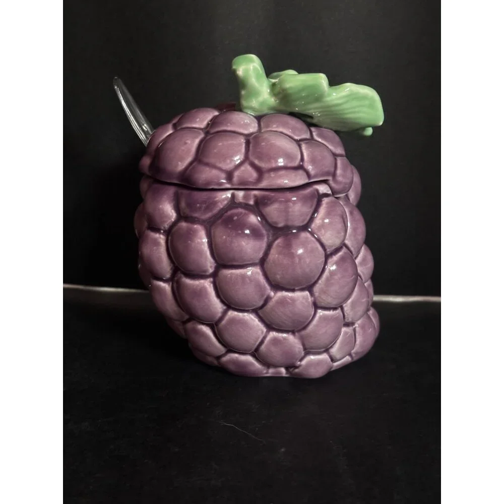 Ceramic Purple Grape Jam Sugar Jar With Lid Spoon Green Leaf Accent Vintage 80s
